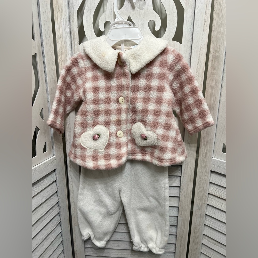 Vintage Y2K Cozy Pink Plaid Sherpa Baby Jacket with Cream Pants